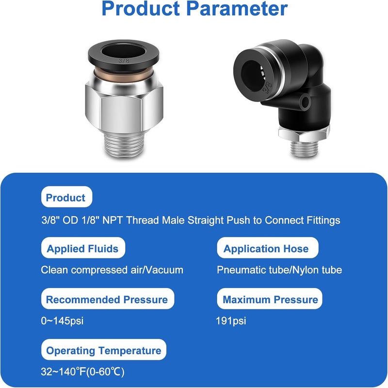 cnaodun 12 Pcs Push to Connect Fittings 3/8 Inch Tube OD x 1/8 Inch NPT Thread Pneumatic Male Straight and Elbow Quick Connect Air line fittings - Image 2